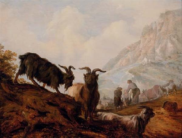 Jacobus Mancadan Peasants and goats in a mountainous landscape oil painting image